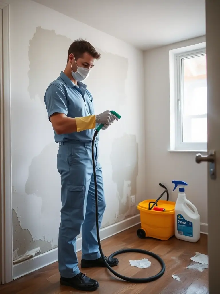Restoration Colorado team member sanitizing a water-damaged area with antimicrobial solutions, demonstrating their commitment to a safe and healthy environment.
