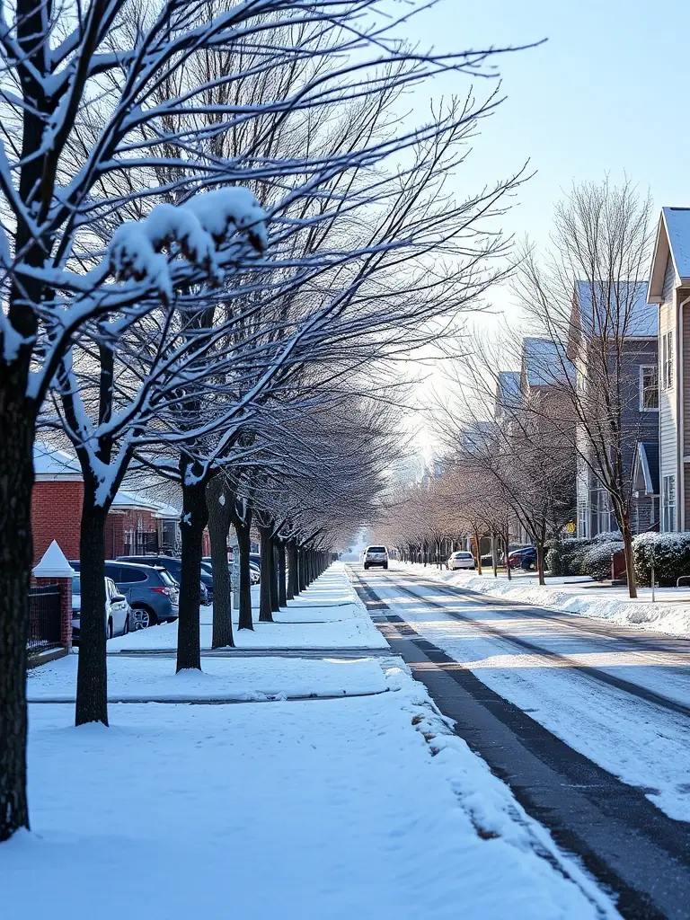 A photograph of a residential street in Denver, Colorado, after a heavy snowfall. The image represents Restoration Colorado's service area.
