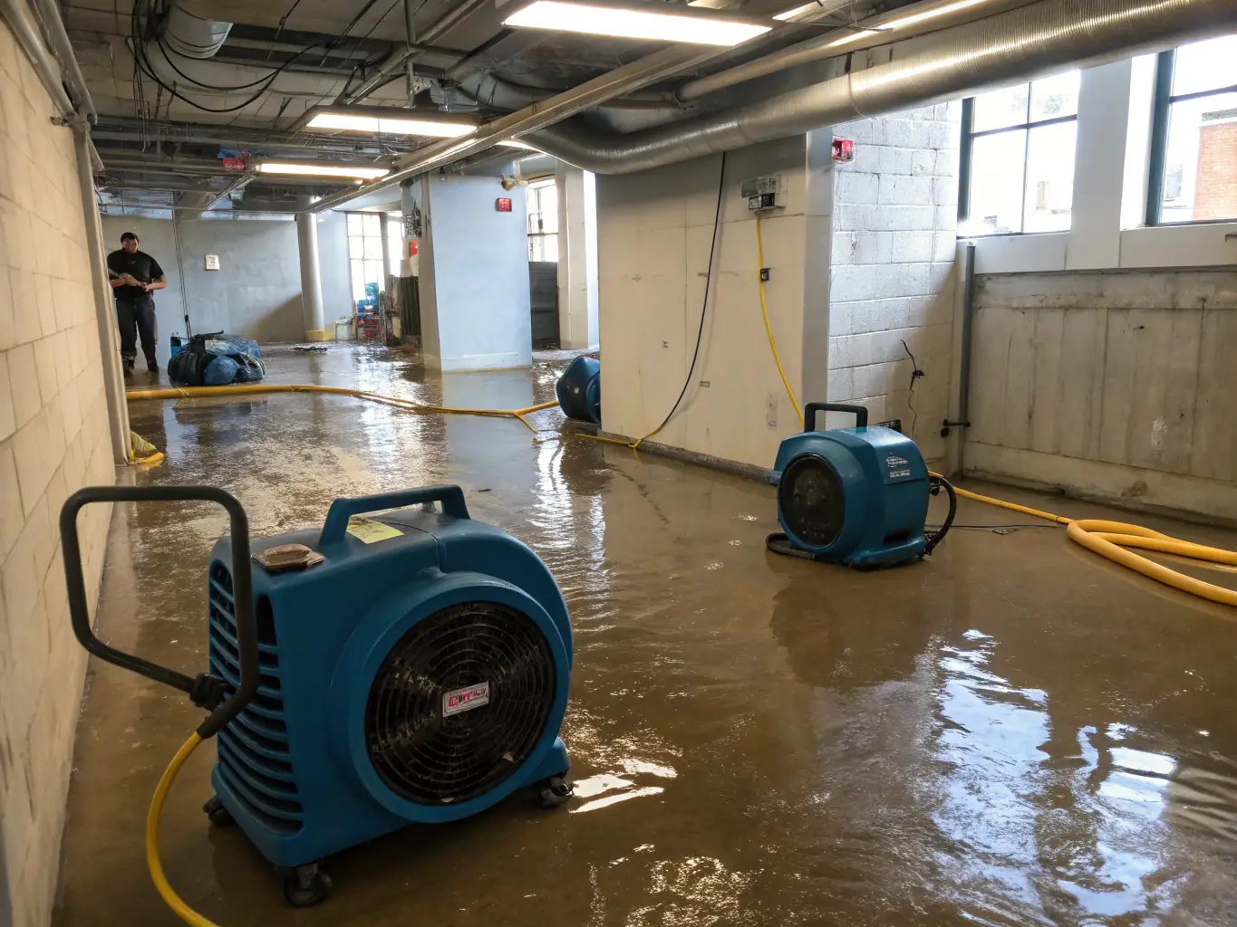 A team of Restoration Colorado technicians using advanced water extraction equipment in a flooded residential basement, showcasing their rapid response and efficient water removal process.
