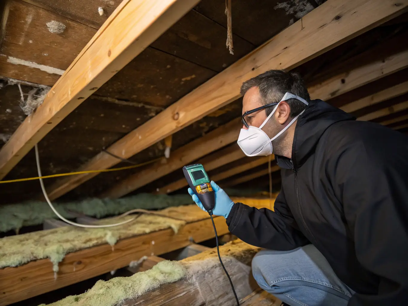 Mold remediation experts inspecting and removing mold growth from a moisture-affected bathroom, highlighting their commitment to creating a healthy indoor environment.