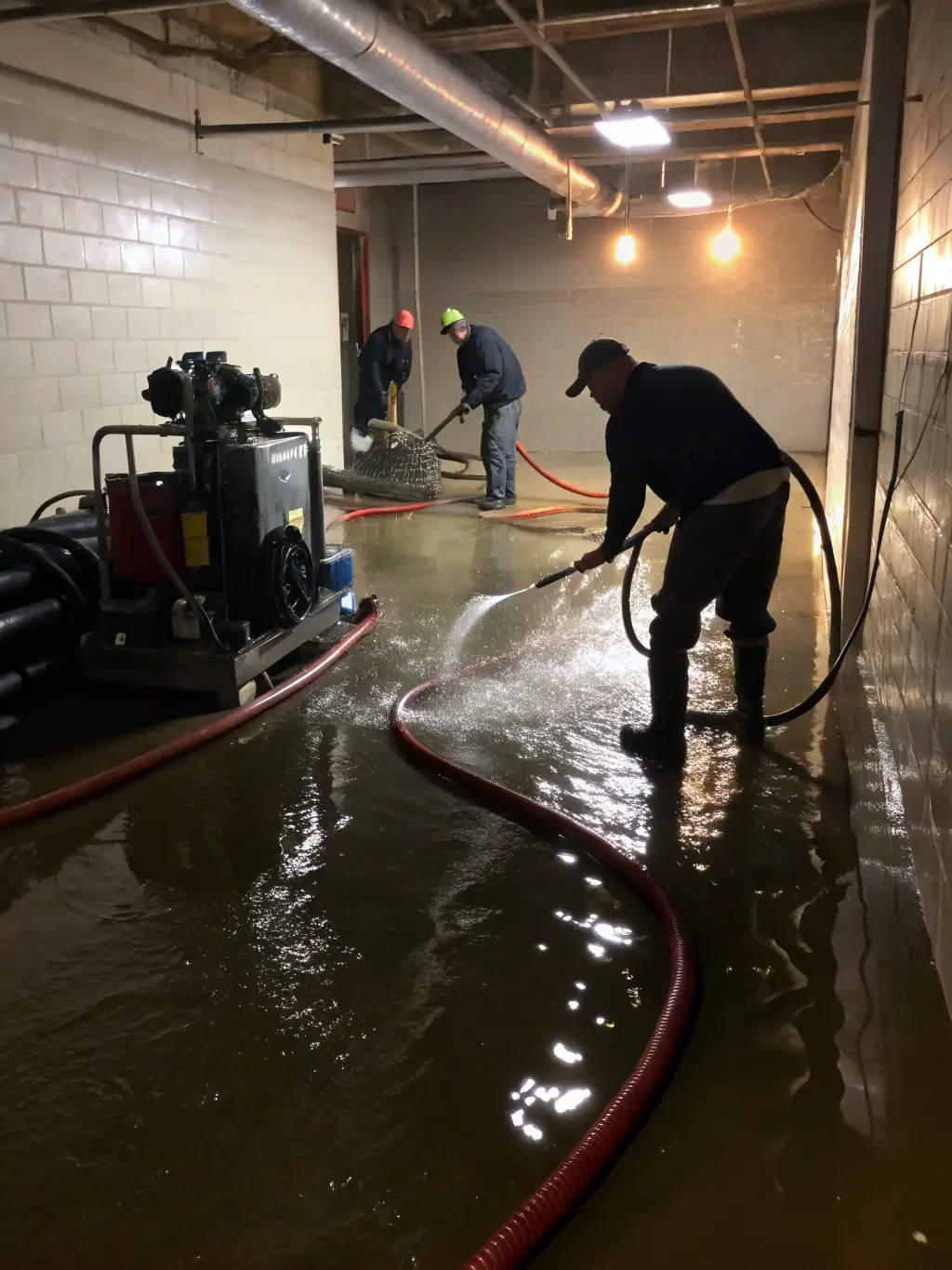 A flooded basement with Restoration Colorado technicians using water extraction equipment, showcasing their rapid response to water damage emergencies.