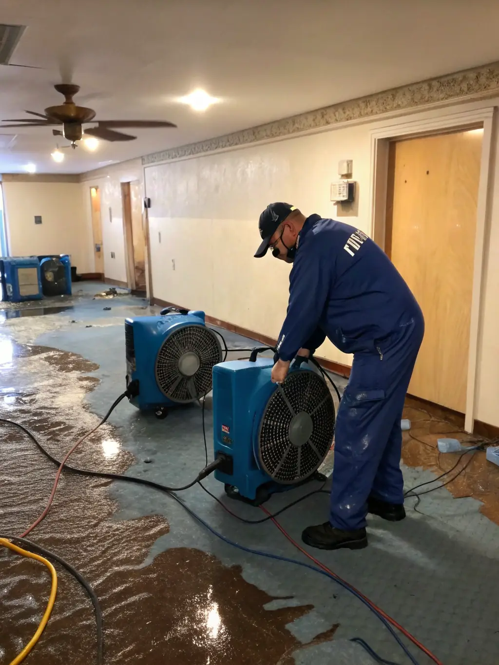 Restoration Colorado technicians using industrial dehumidifiers and air movers to dry out a water-damaged home, emphasizing their advanced drying techniques.