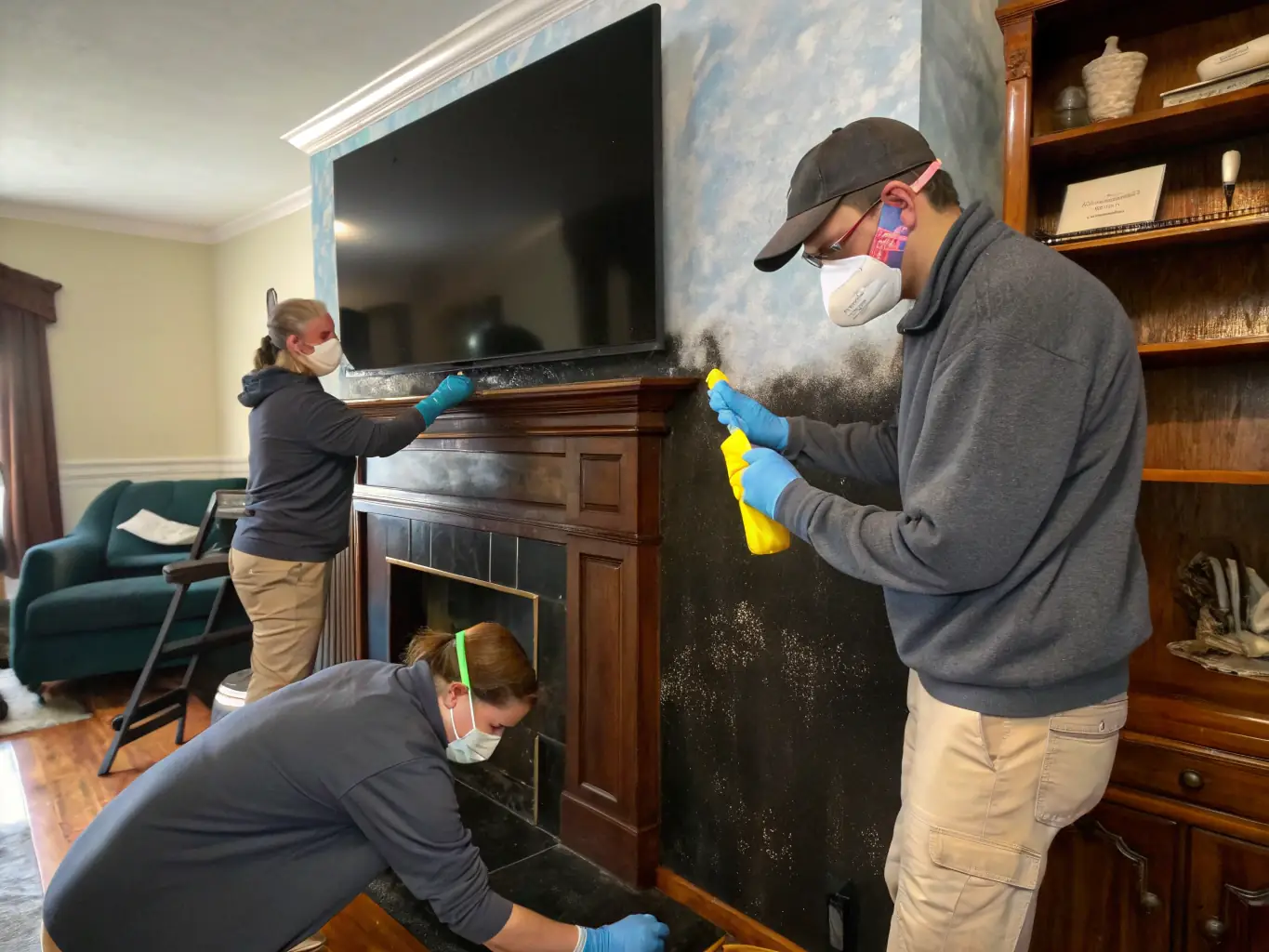 Restoration specialists in protective gear cleaning soot and smoke residue from a fire-damaged living room, demonstrating their expertise in fire damage restoration.